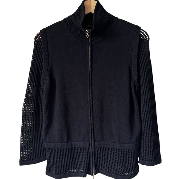 Escada Cardigan Sweater Gold Zipper READ Crochet Open Knit Collar Sleeves Hem - Picture 1 of 16